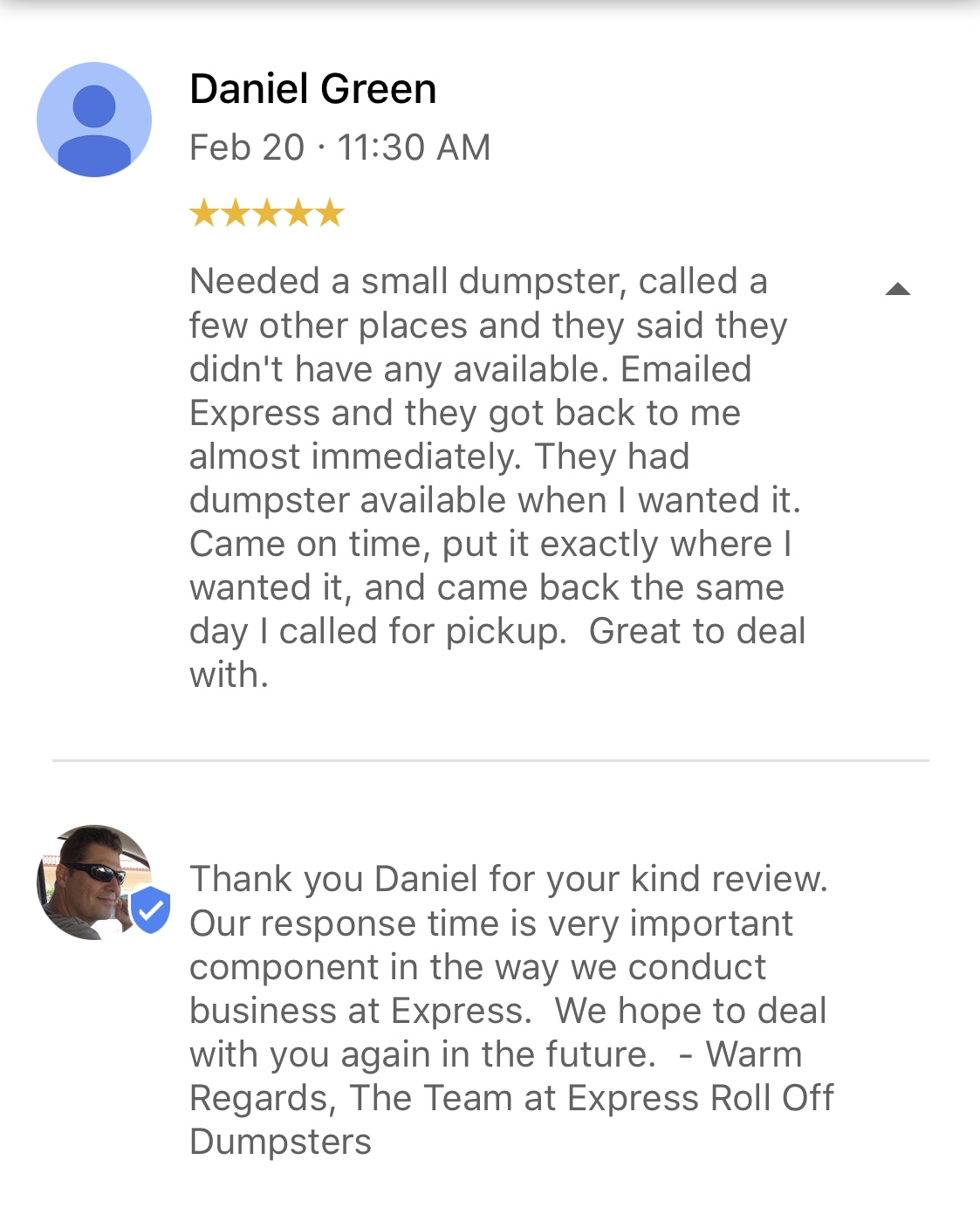 gmb 5 star reviews express roll off dumpster rental titusville